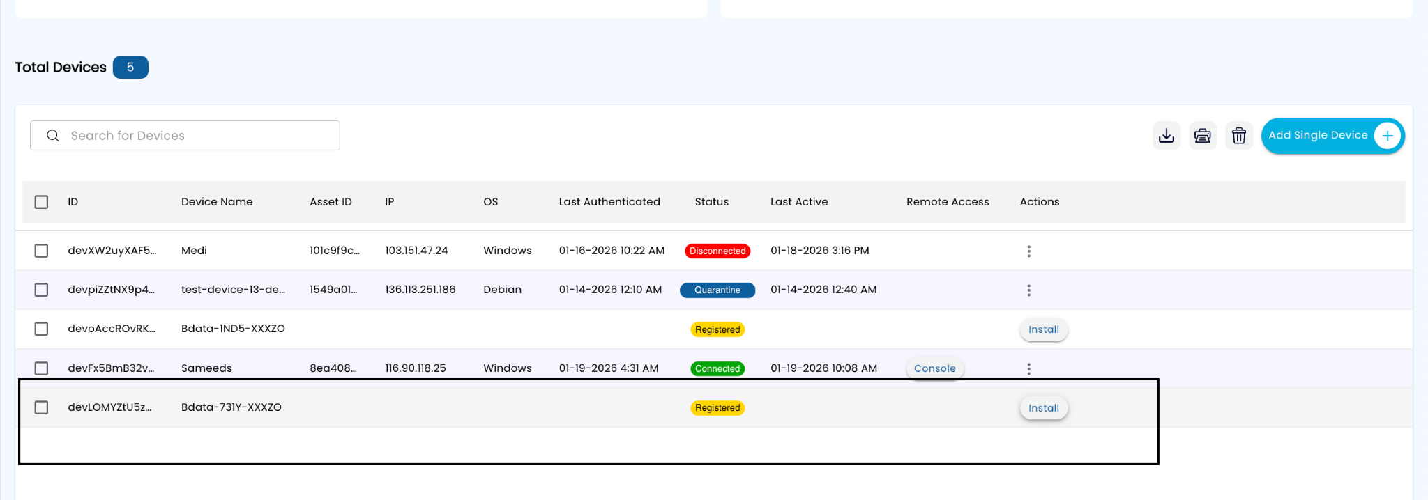 Assets & Devices list with Add Single Device and Console action