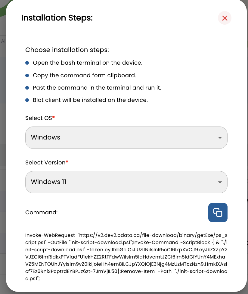 Install modal with OS/version and generated command